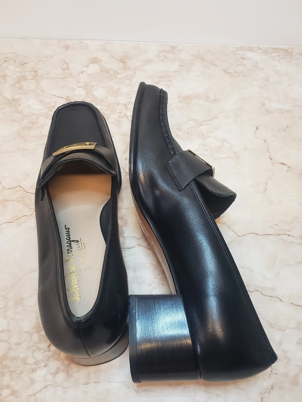Salvatore Ferragamo Black Leather Women's Heeled Loafers with Gold Buckle 38